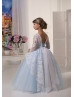 Ivory Lace Sky Blue Tulle Corset Back Floor Length Flower Girl Dress